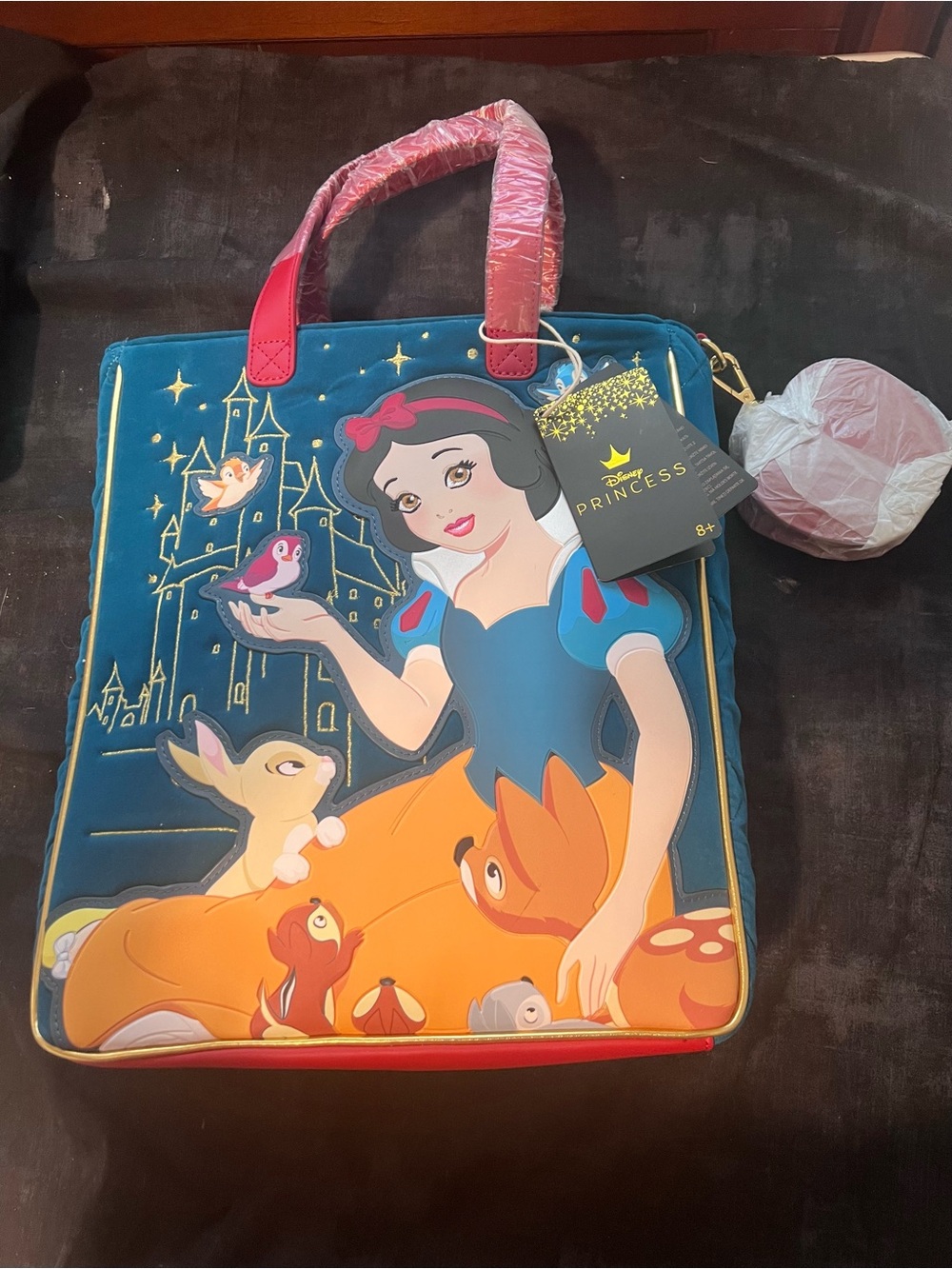 Loungefly Snow White Velvet Tote in Blue and Red tote bag with zipper top
